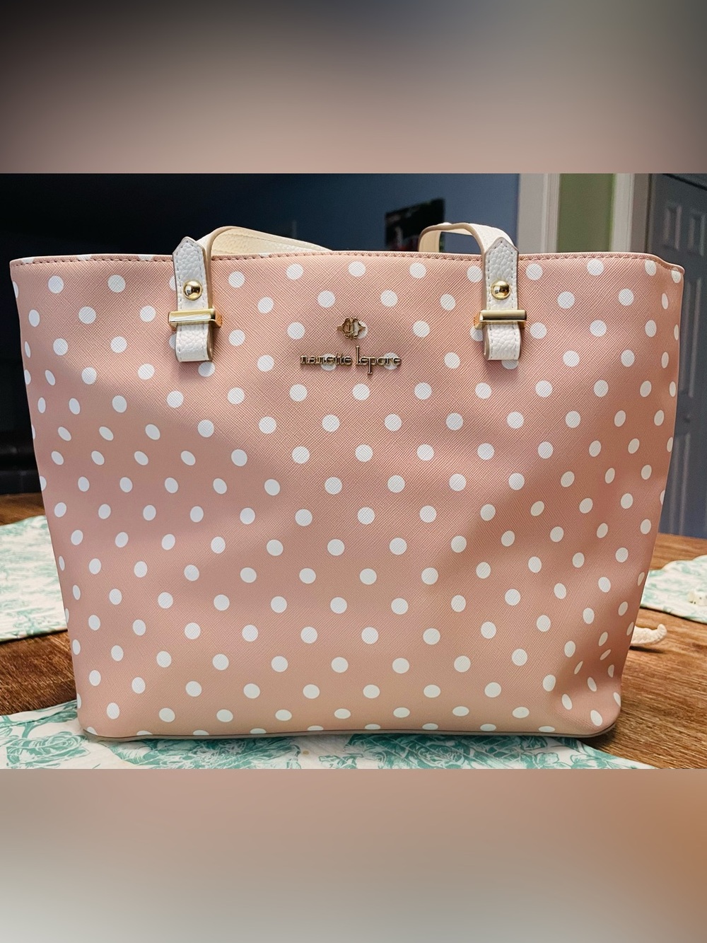 Nanette Lepore Tan/Peach and White Polka Dot Tote - Picture 4 of 11